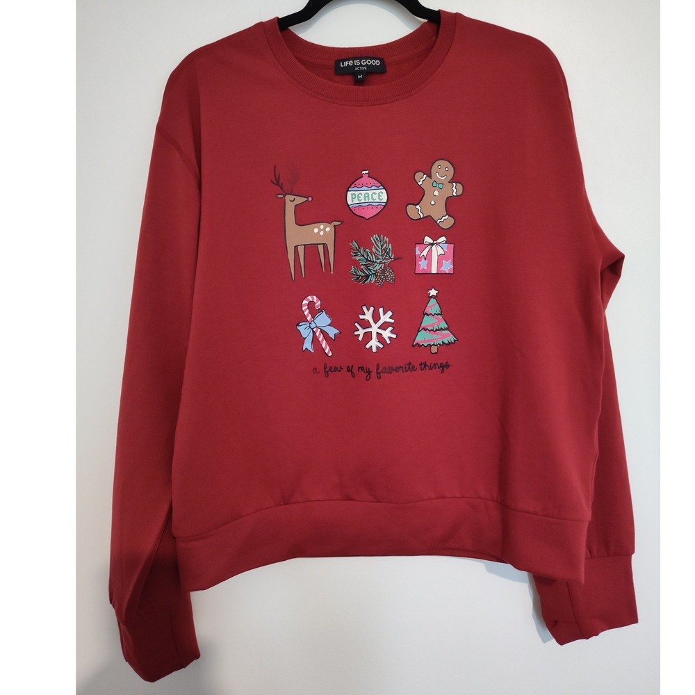 Life Is Good Active Womens Red Holiday Graphic Sweatshirt Favorite Things M